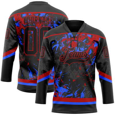 Custom Black Red-Royal 3D Fluid Art Splash Hockey Lace Neck Jersey
