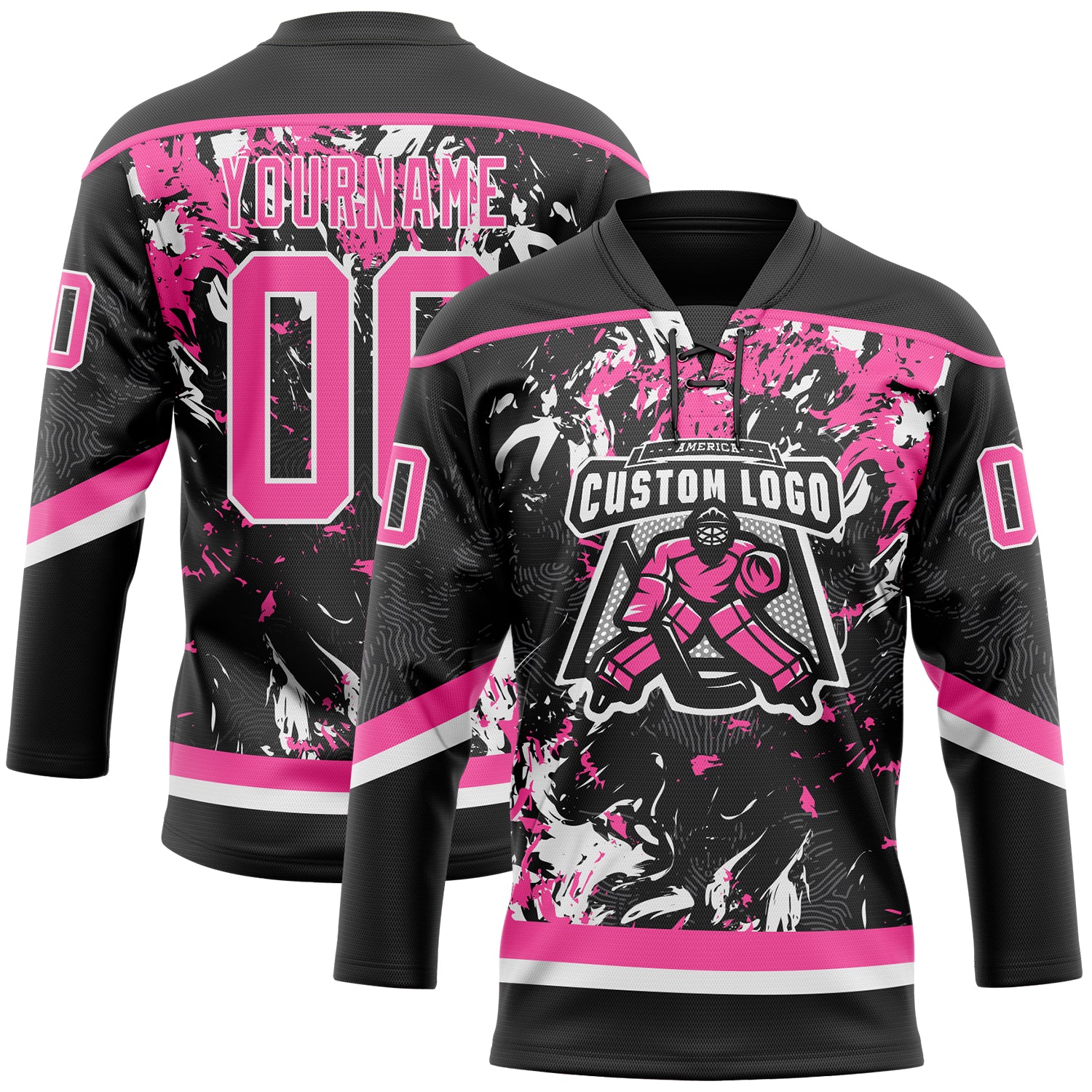 Custom Black Pink-White 3D Fluid Art Splash Hockey Lace Neck Jersey