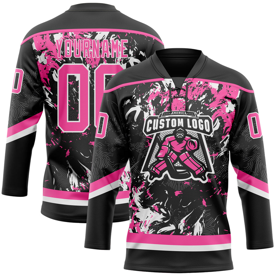 Custom Black Pink-White 3D Fluid Art Splash Hockey Lace Neck Jersey