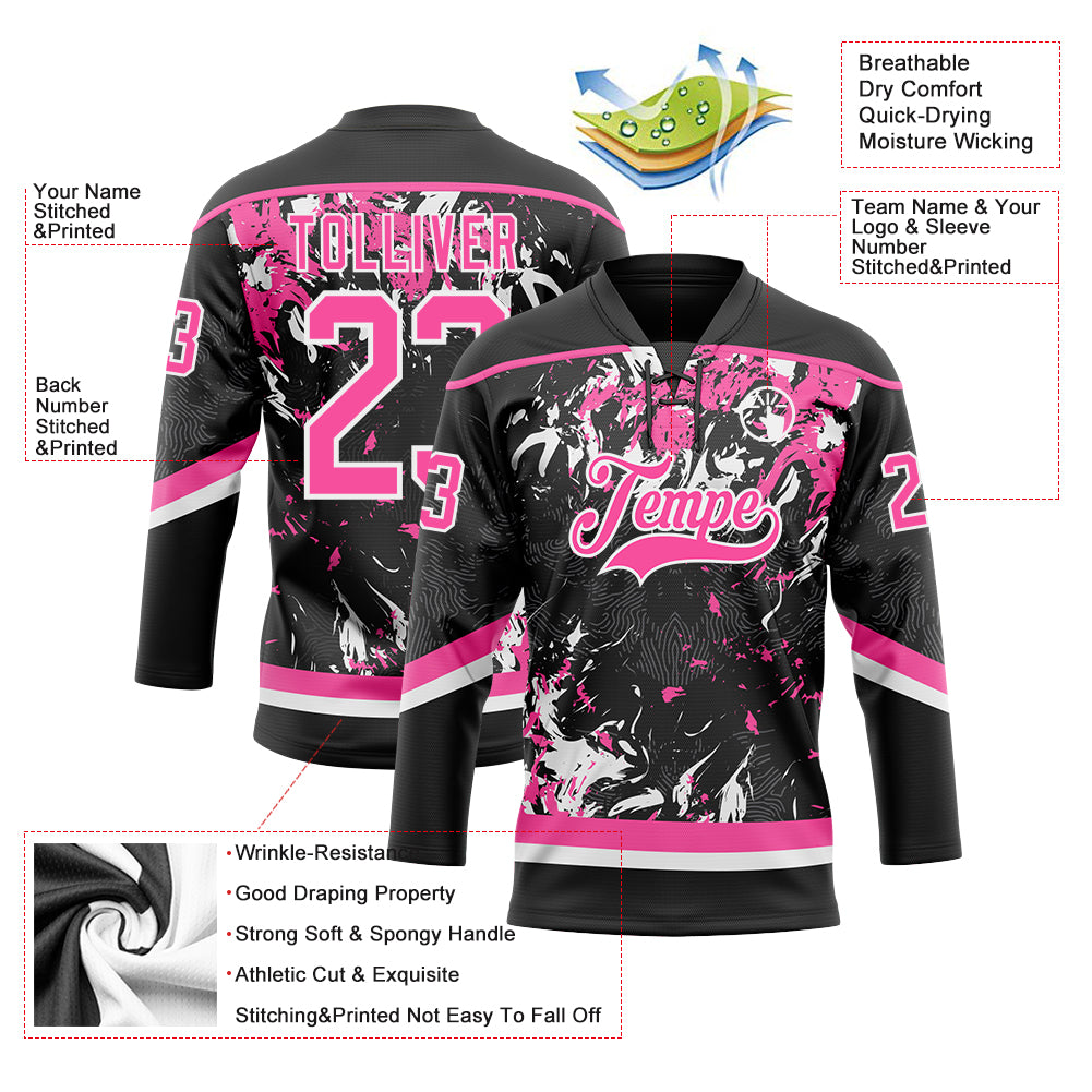 Custom Black Pink-White 3D Fluid Art Splash Hockey Lace Neck Jersey