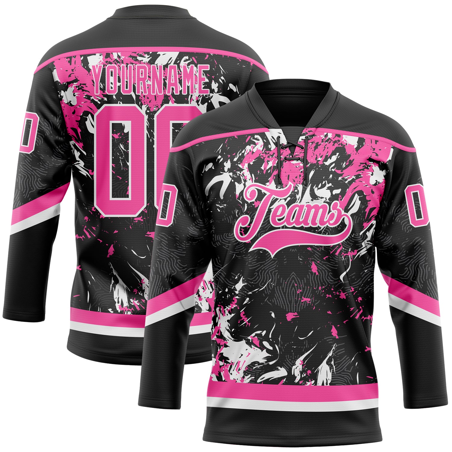 Custom Black Pink-White 3D Fluid Art Splash Hockey Lace Neck Jersey