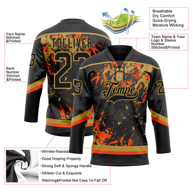Custom Black Old Gold-Orange 3D Fluid Art Splash Hockey Lace Neck Jersey
