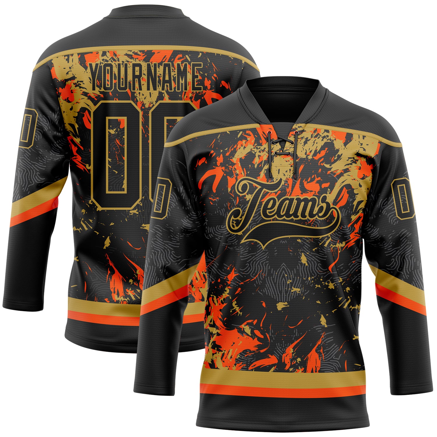 Custom Black Old Gold-Orange 3D Fluid Art Splash Hockey Lace Neck Jersey