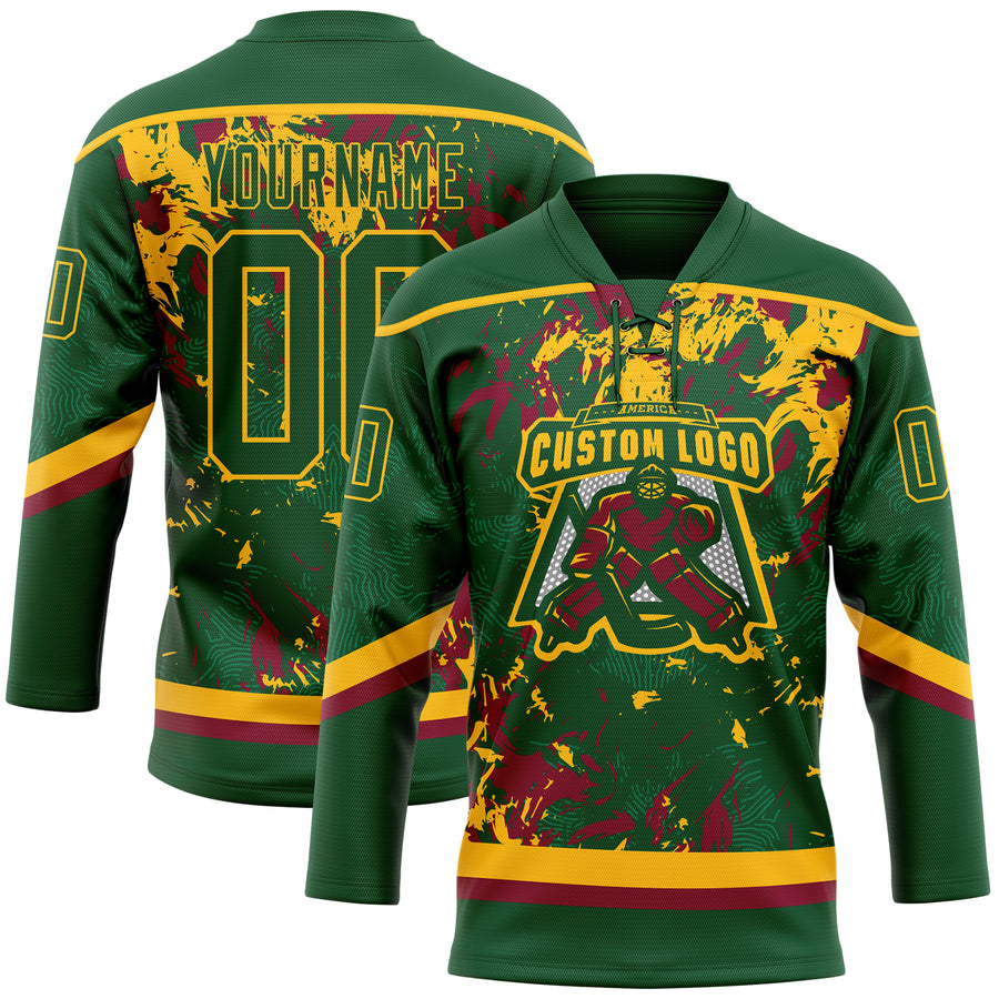 Custom Green Gold-Maroon 3D Fluid Art Splash Hockey Lace Neck Jersey