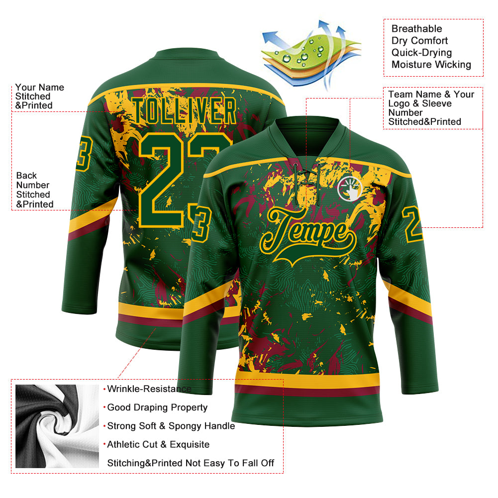 Custom Green Gold-Maroon 3D Fluid Art Splash Hockey Lace Neck Jersey