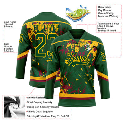 Custom Green Gold-Maroon 3D Fluid Art Splash Hockey Lace Neck Jersey