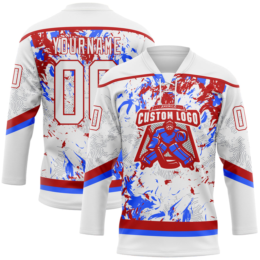 Custom White Red-Royal 3D Fluid Art Splash Hockey Lace Neck Jersey
