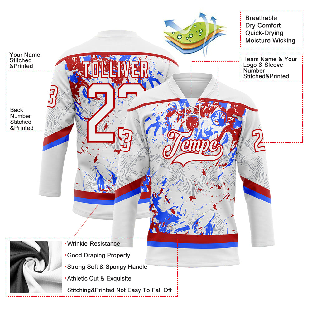 Custom White Red-Royal 3D Fluid Art Splash Hockey Lace Neck Jersey