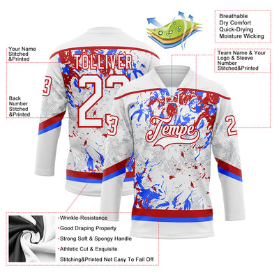 Custom White Red-Royal 3D Fluid Art Splash Hockey Lace Neck Jersey