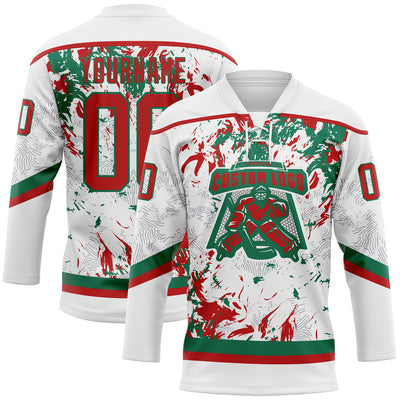 Custom White Red-Kelly Green 3D Fluid Art Splash Hockey Lace Neck Jersey