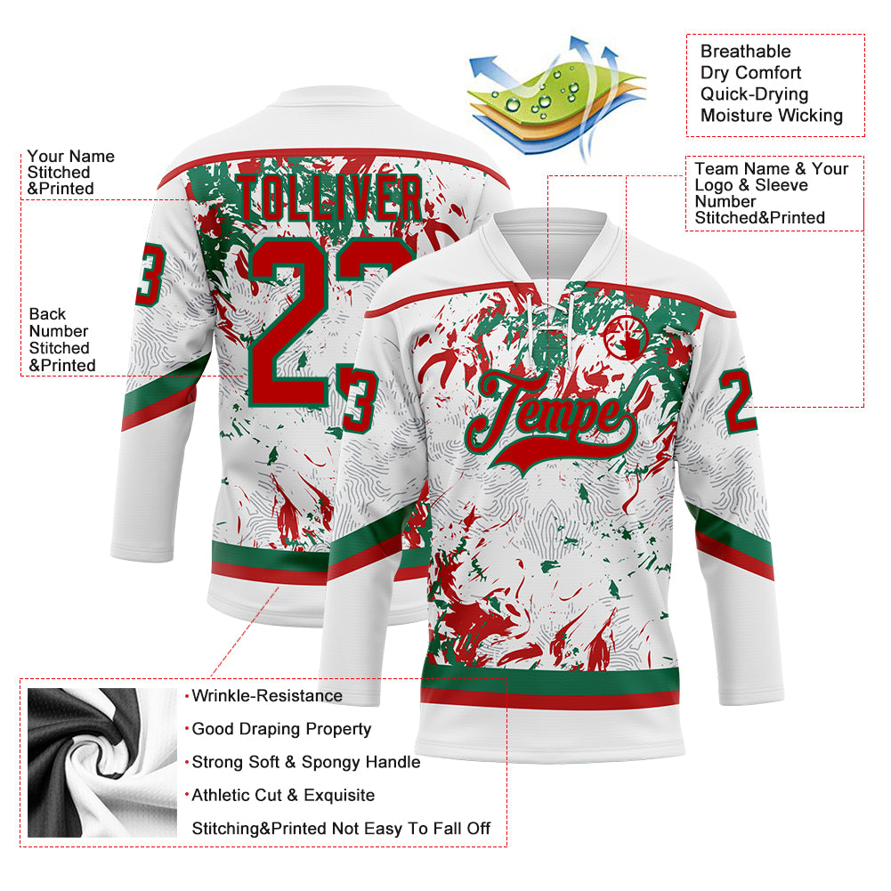 Custom White Red-Kelly Green 3D Fluid Art Splash Hockey Lace Neck Jersey