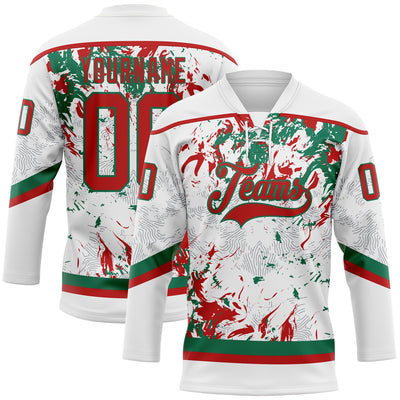 Custom White Red-Kelly Green 3D Fluid Art Splash Hockey Lace Neck Jersey