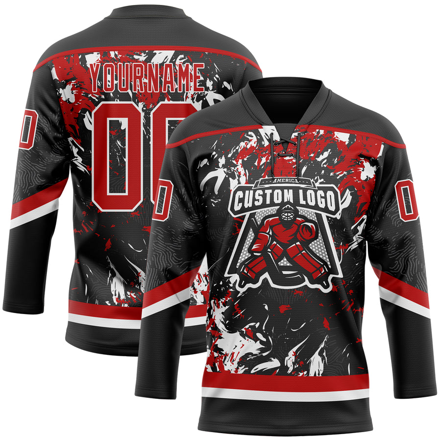 Custom Black Red-White 3D Fluid Art Splash Hockey Lace Neck Jersey