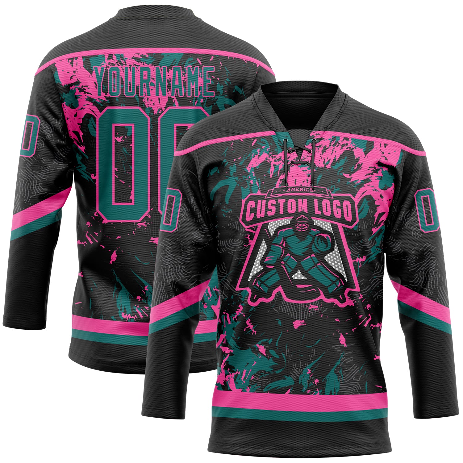 Custom Black Teal-Pink 3D Fluid Art Splash Hockey Lace Neck Jersey