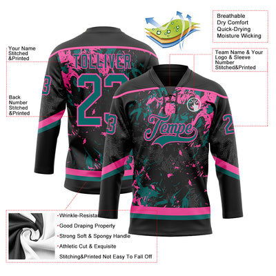 Custom Black Teal-Pink 3D Fluid Art Splash Hockey Lace Neck Jersey