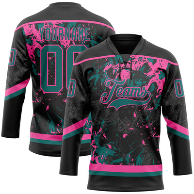 Custom Black Teal-Pink 3D Fluid Art Splash Hockey Lace Neck Jersey