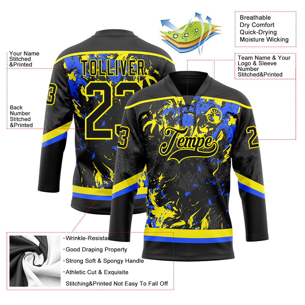 Custom Black Light Yellow-Royal 3D Fluid Art Splash Hockey Lace Neck Jersey