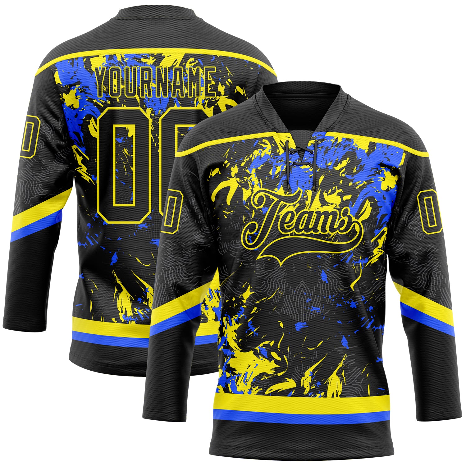 Custom Black Light Yellow-Royal 3D Fluid Art Splash Hockey Lace Neck Jersey