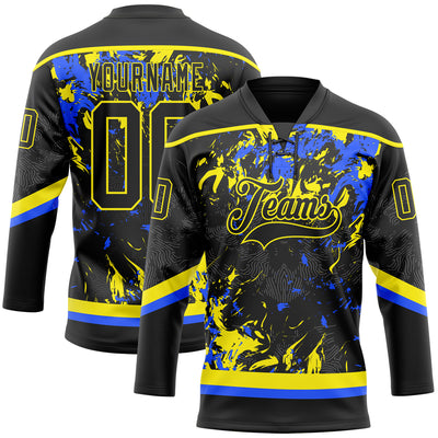 Custom Black Light Yellow-Royal 3D Fluid Art Splash Hockey Lace Neck Jersey