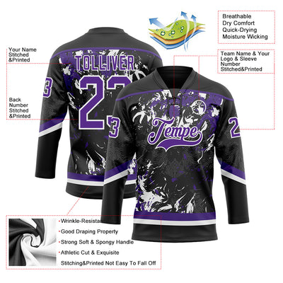 Custom Black Purple-White 3D Fluid Art Splash Hockey Lace Neck Jersey