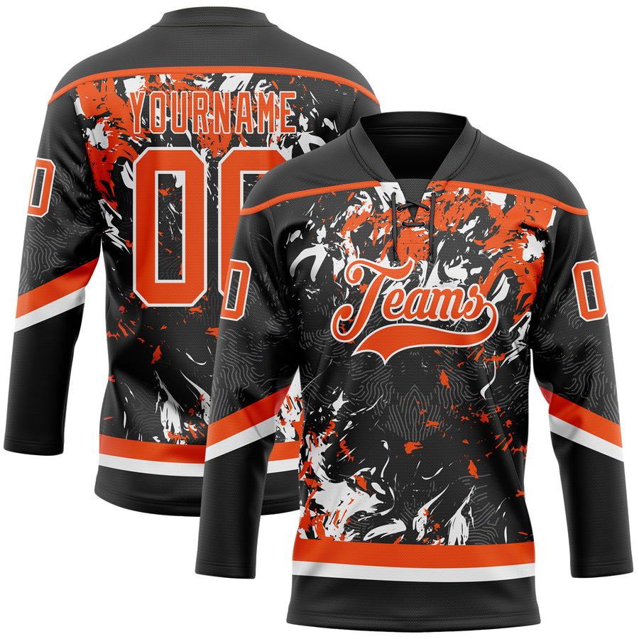 Custom Black Orange-White 3D Fluid Art Splash Hockey Lace Neck Jersey