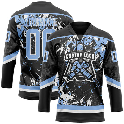 Custom Black Light Blue-White 3D Fluid Art Splash Hockey Lace Neck Jersey