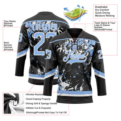 Custom Black Light Blue-White 3D Fluid Art Splash Hockey Lace Neck Jersey