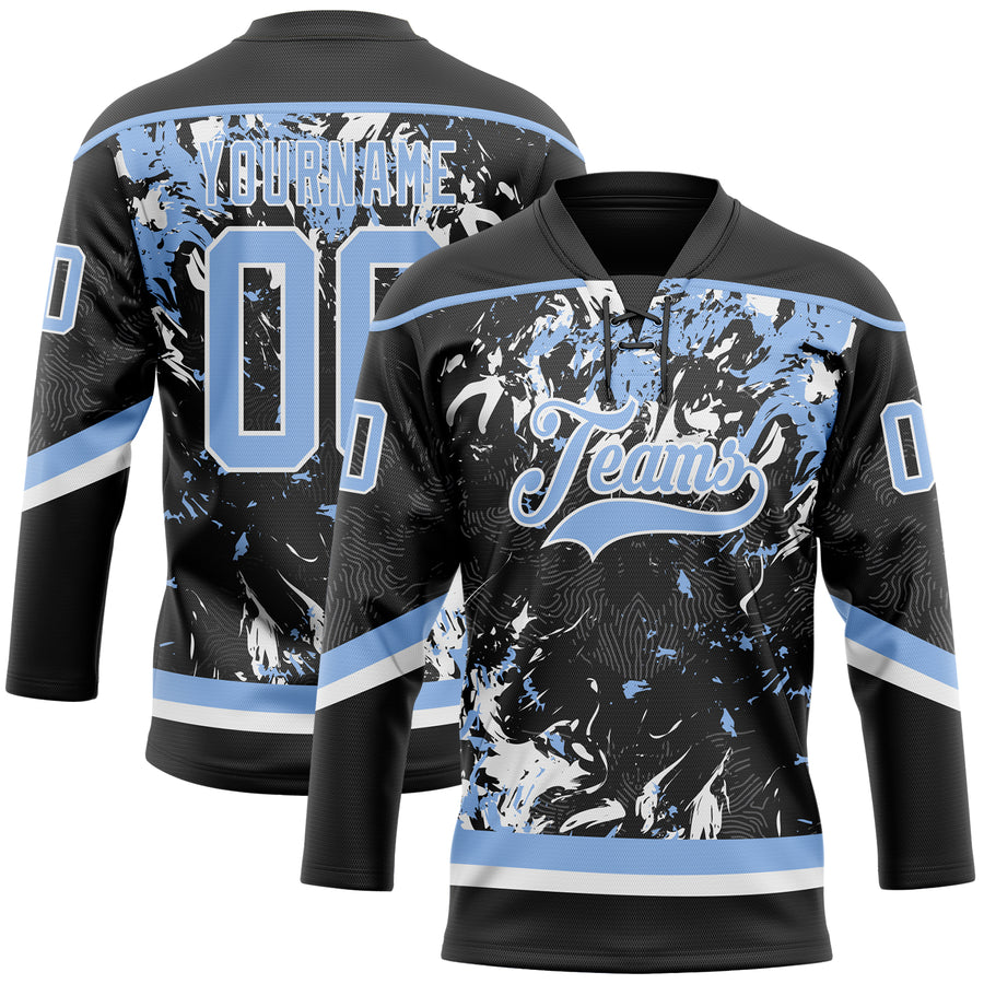 Custom Black Light Blue-White 3D Fluid Art Splash Hockey Lace Neck Jersey