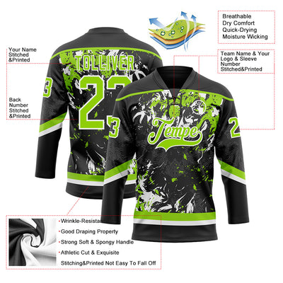 Custom Black Neon Green-White 3D Fluid Art Splash Hockey Lace Neck Jersey