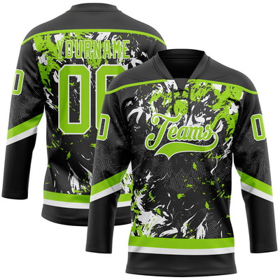 Custom Black Neon Green-White 3D Fluid Art Splash Hockey Lace Neck Jersey