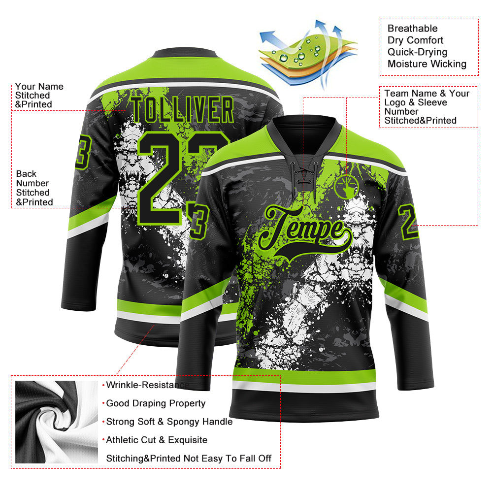 Custom Black Neon Green-White 3D Splash Art Hockey Lace Neck Jersey