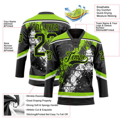 Custom Black Neon Green-White 3D Splash Art Hockey Lace Neck Jersey