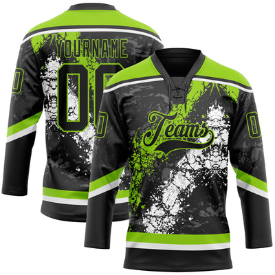 Custom Black Neon Green-White 3D Splash Art Hockey Lace Neck Jersey