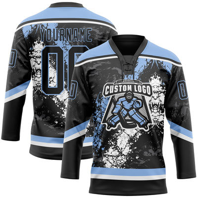 Custom Black Light Blue-White 3D Splash Art Hockey Lace Neck Jersey