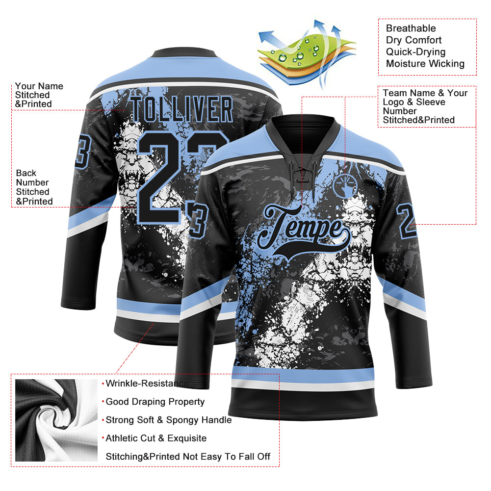 Custom Black Light Blue-White 3D Splash Art Hockey Lace Neck Jersey