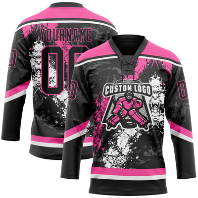 Custom Black Pink-White 3D Splash Art Hockey Lace Neck Jersey