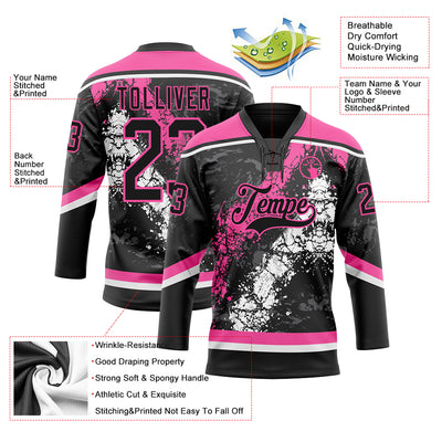Custom Black Pink-White 3D Splash Art Hockey Lace Neck Jersey