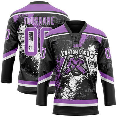 Custom Black Medium Purple-White 3D Splash Art Hockey Lace Neck Jersey