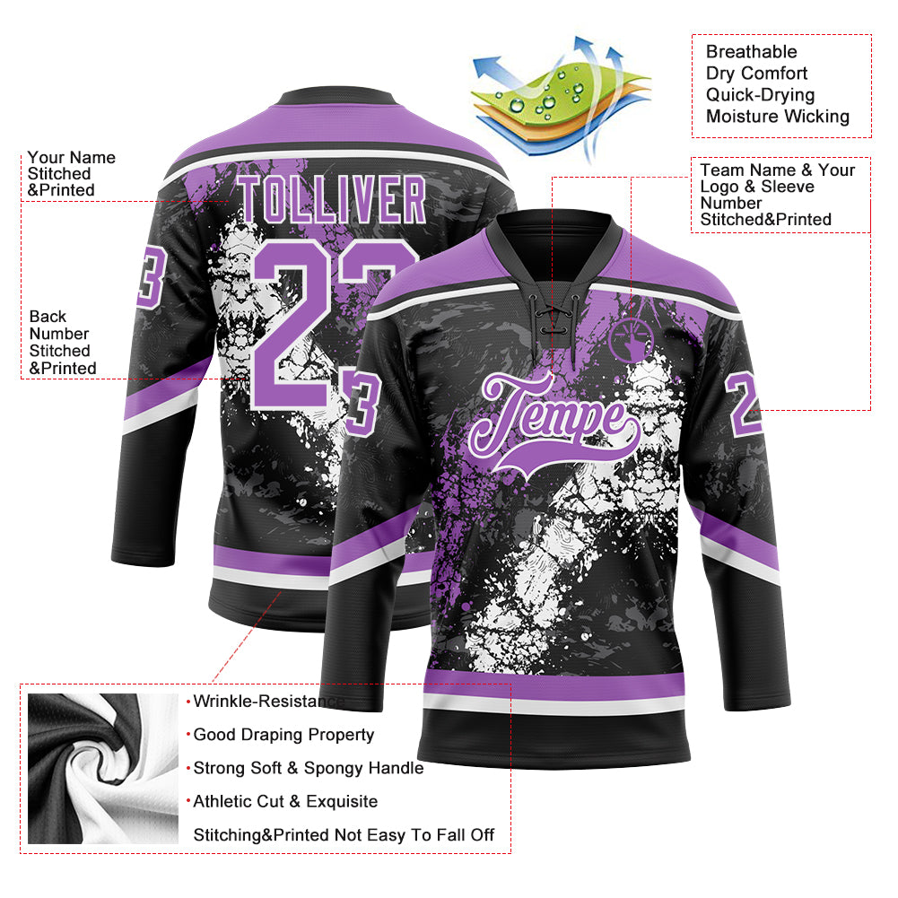 Custom Black Medium Purple-White 3D Splash Art Hockey Lace Neck Jersey