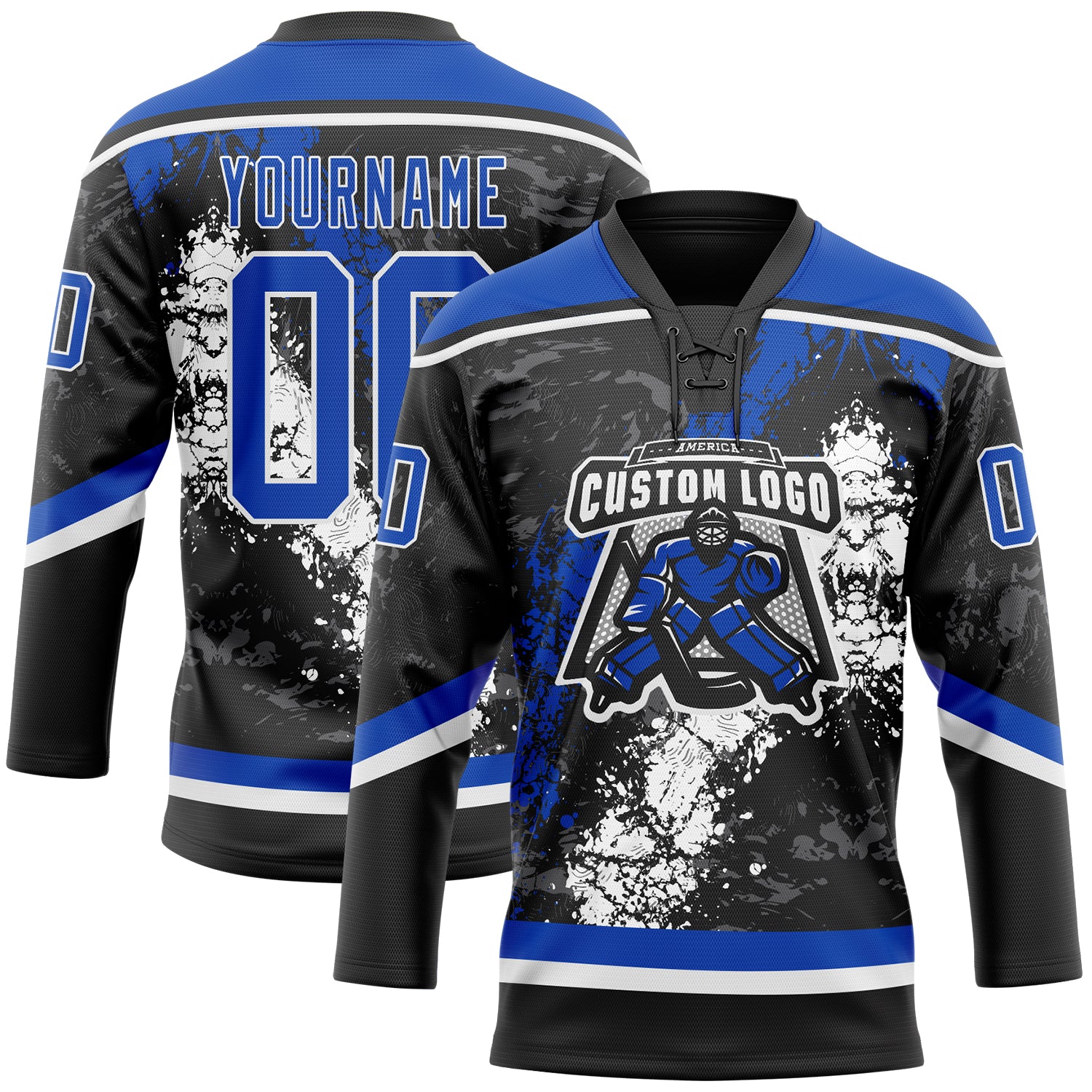 Custom Black Thunder Blue-White 3D Splash Art Hockey Lace Neck Jersey
