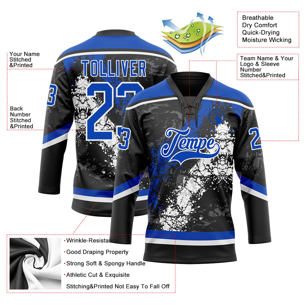 Custom Black Thunder Blue-White 3D Splash Art Hockey Lace Neck Jersey