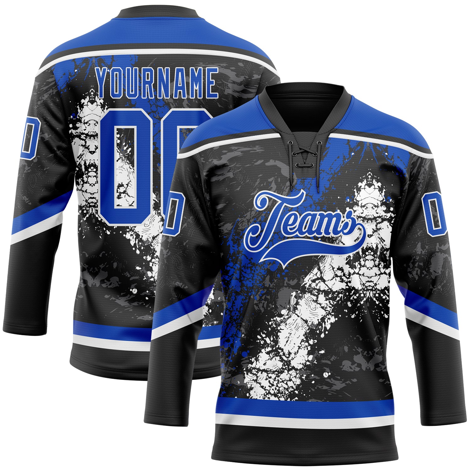 Custom Black Thunder Blue-White 3D Splash Art Hockey Lace Neck Jersey