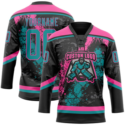 Custom Black Teal-Pink 3D Splash Art Hockey Lace Neck Jersey