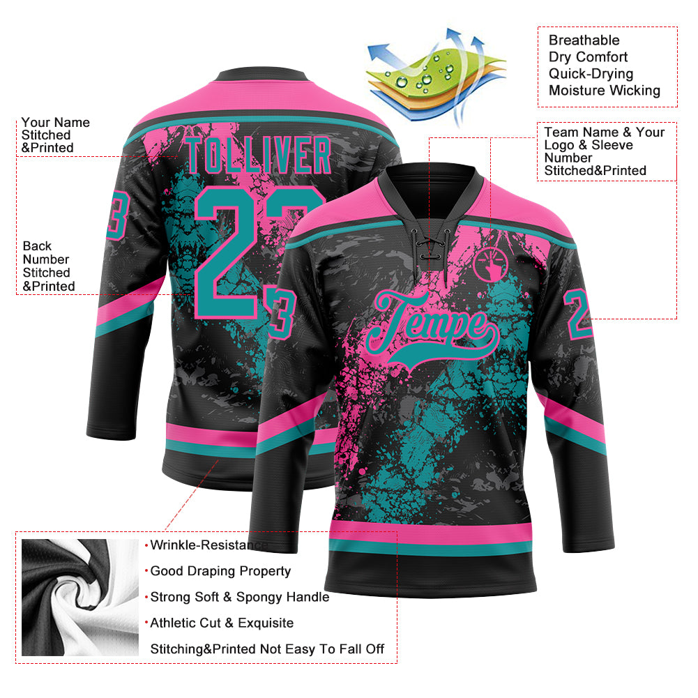 Custom Black Teal-Pink 3D Splash Art Hockey Lace Neck Jersey