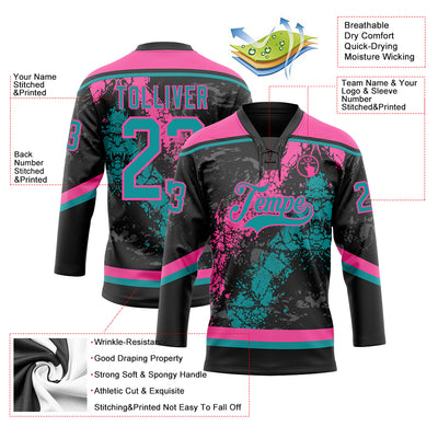 Custom Black Teal-Pink 3D Splash Art Hockey Lace Neck Jersey