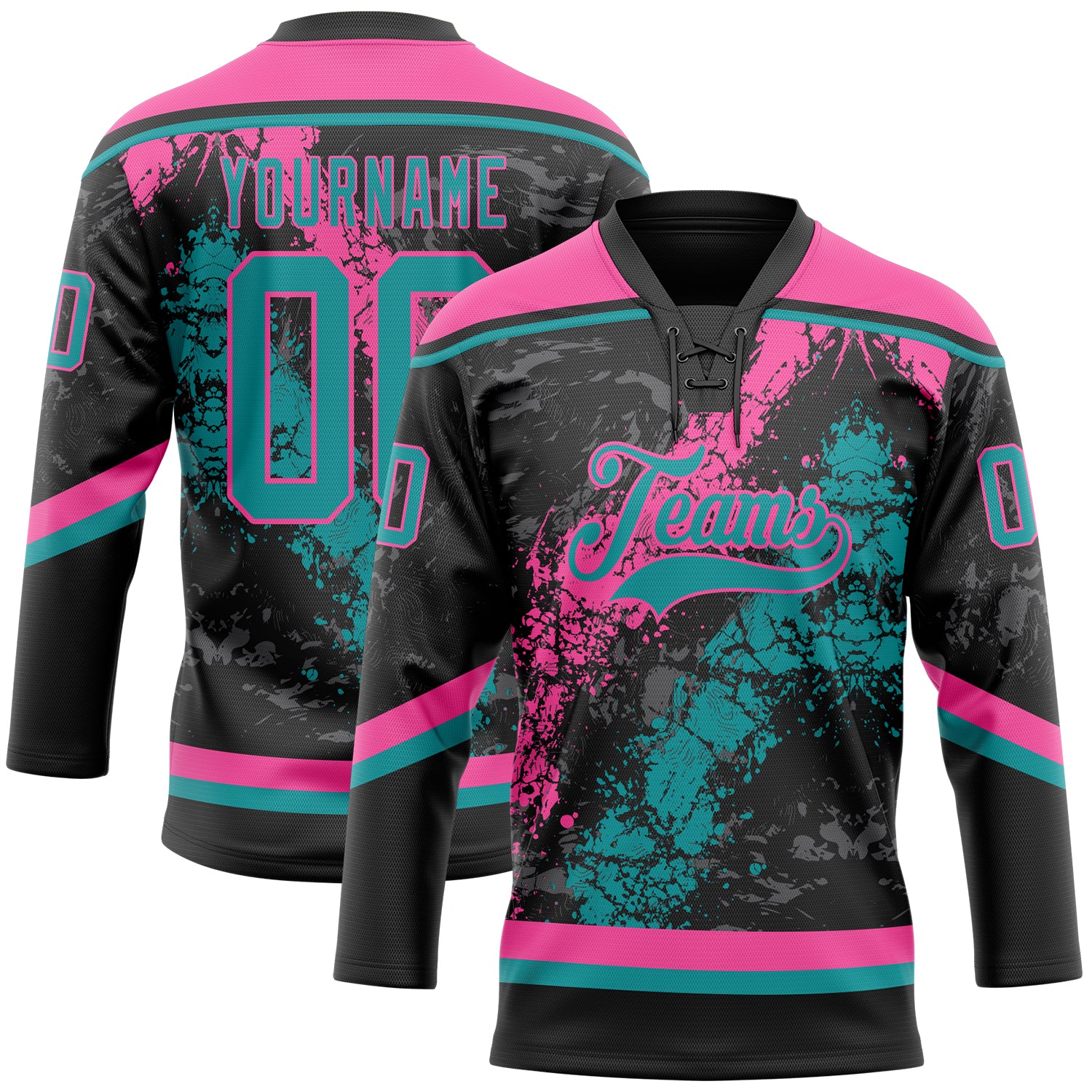 Custom Black Teal-Pink 3D Splash Art Hockey Lace Neck Jersey
