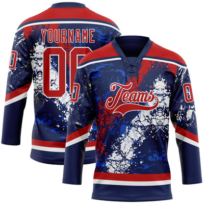 Custom Navy Red Thunder Blue-White 3D Splash Art Hockey Lace Neck Jersey