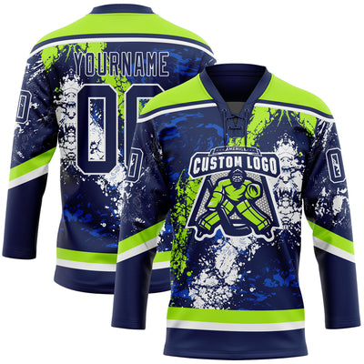 Custom Navy Thunder Blue Neon Green-White 3D Splash Art Hockey Lace Neck Jersey