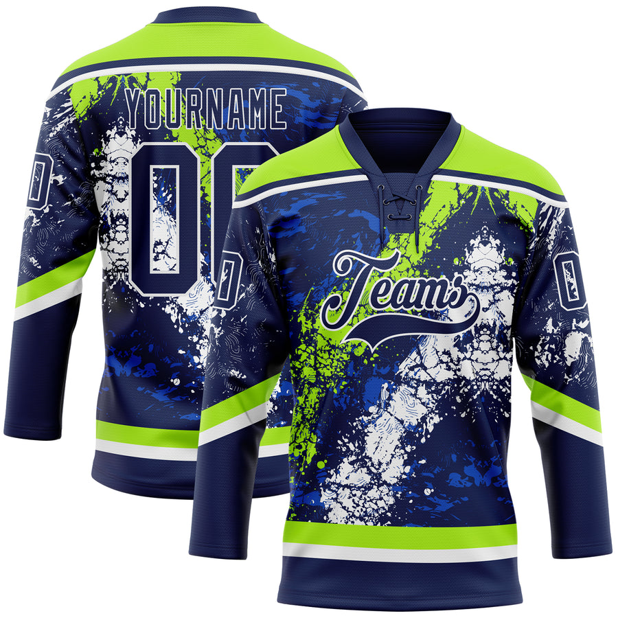 Custom Navy Thunder Blue Neon Green-White 3D Splash Art Hockey Lace Neck Jersey