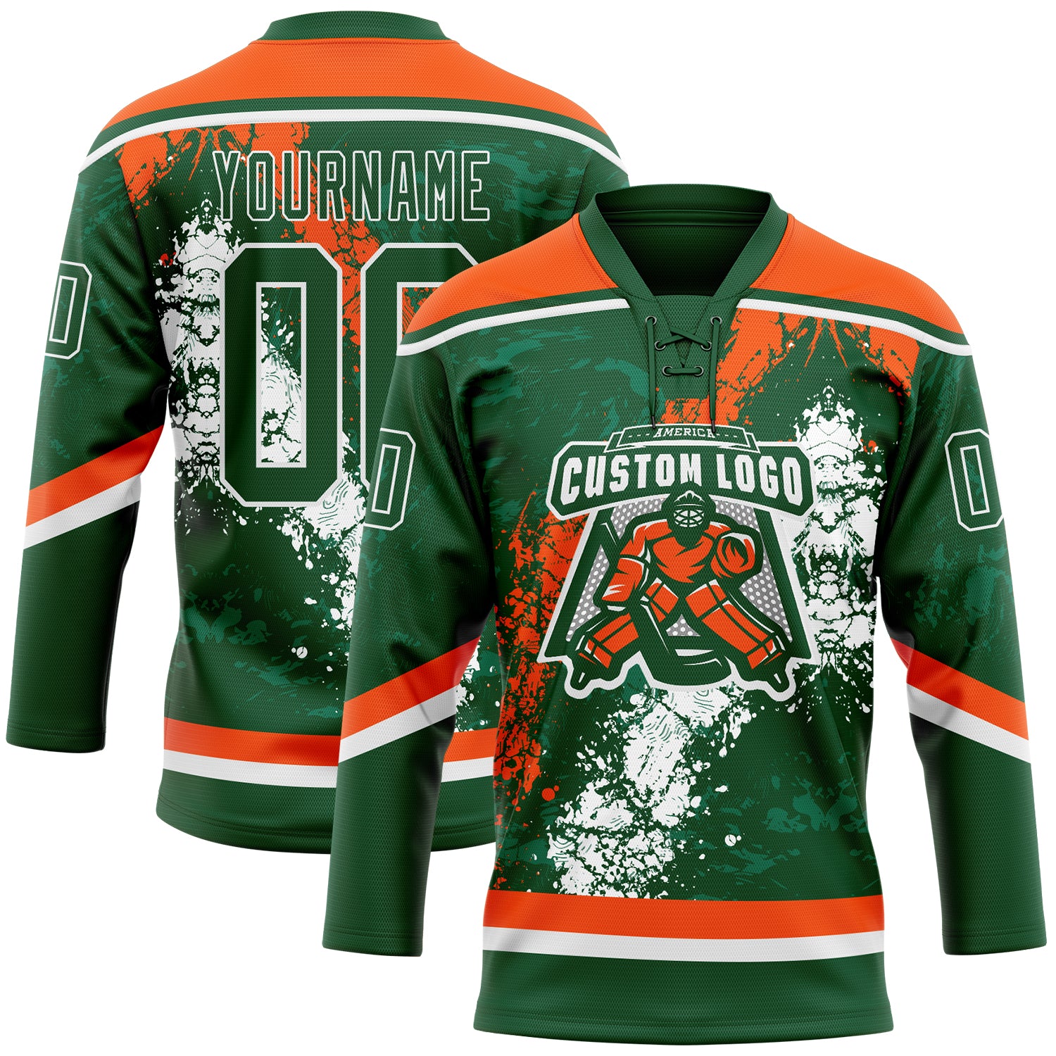 Custom Green Orange-White 3D Splash Art Hockey Lace Neck Jersey